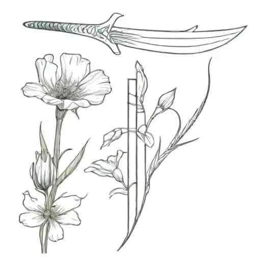 Spine tattoo of a sword with delicate wings, and the California poppy wrapped around it. Initials R.B.B. on the sword. tattoo design idea