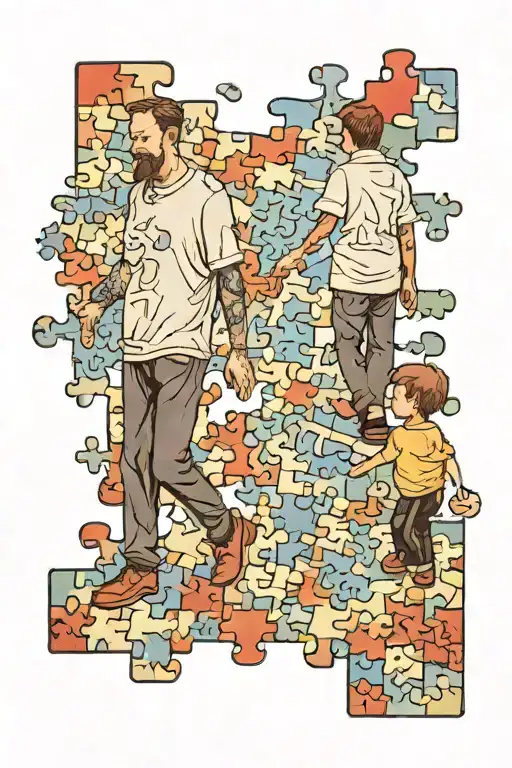father and son walking in a puzzle pieces road sign of autism tattoo design idea