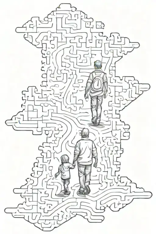 father and son walking in a puzzle pieces road sign of autism tattoo design idea