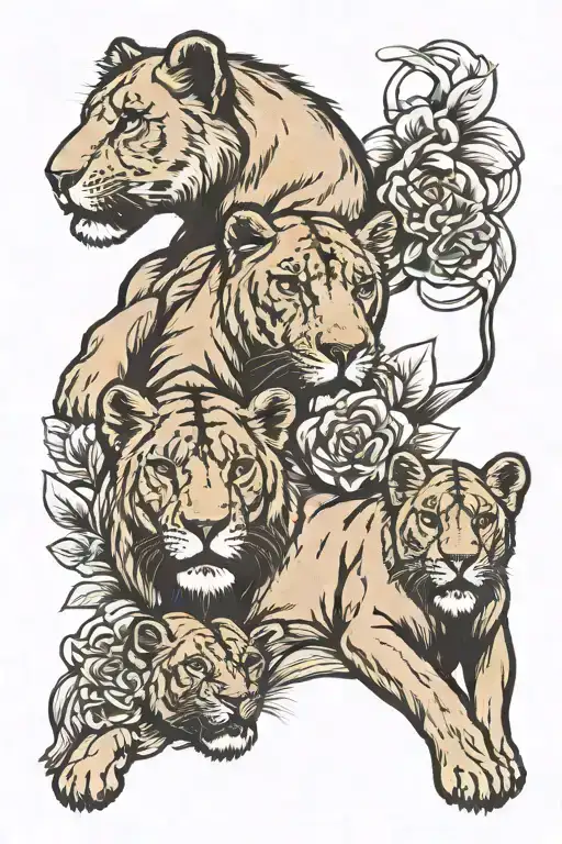 female lioness protecting 3 cubs tattoo design idea