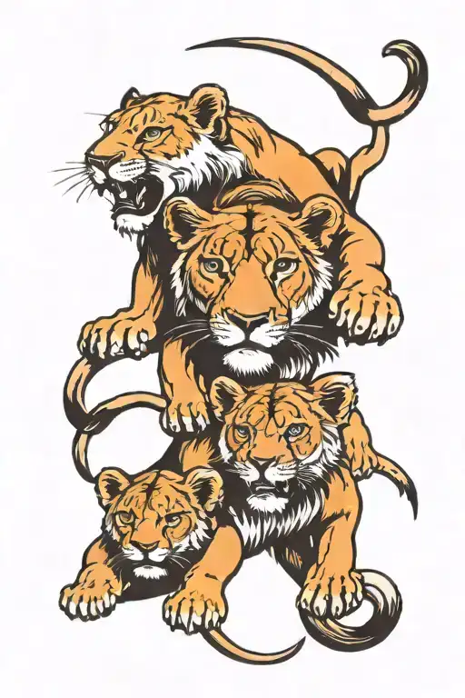 lioness protecting 3 cubs tattoo design idea