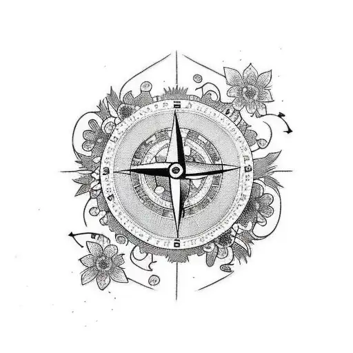 girly compass with japanese flowers tattoo design idea