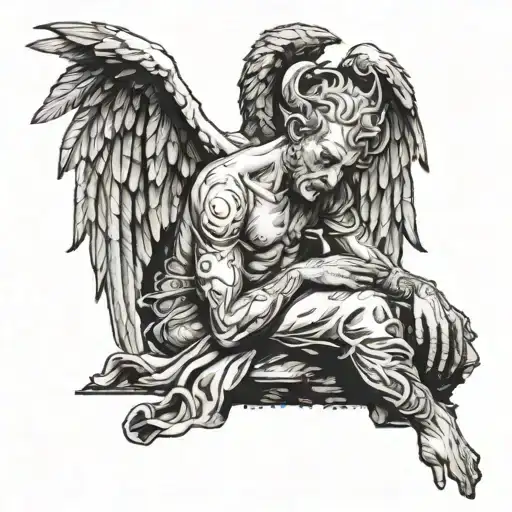 fallen angel devil being looked at by god tattoo design idea