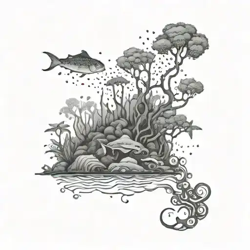 A mystical underwater forest with smoke rising from the depths, representing the client's love for both scuba diving and smoking weed tattoo design idea