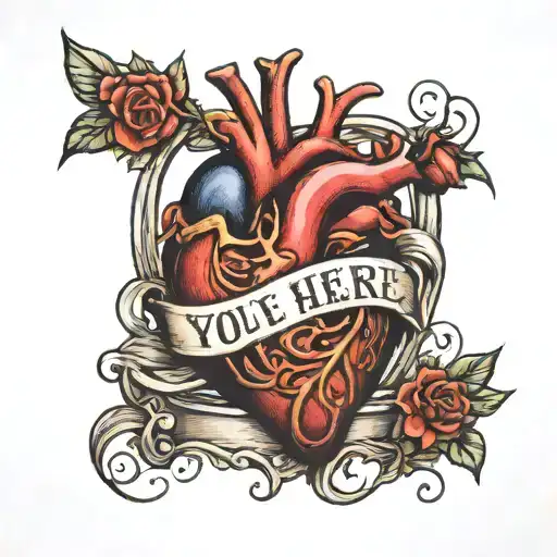 realistic heart with a empty chair inside with the words "you live here" tattoo design idea