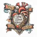 realistic heart with a empty chair inside with the words "you live here" tattoo design idea