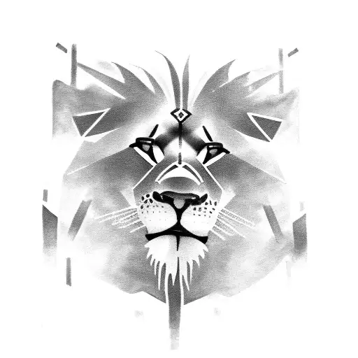 A black-grey tattoo of a tribal-inspired lion with its cubs, representing your role as a leader and your love for your family, in a fierce and powerful style. tattoo design idea