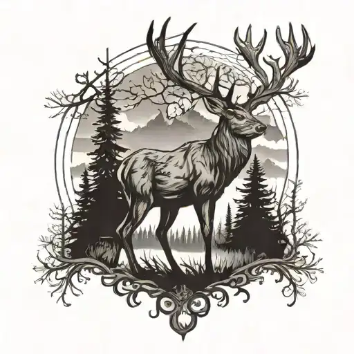 A detailed blackwork tattoo of a majestic deer in a forest setting, symbolizing the client's love for hunting and nature tattoo design idea