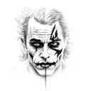 a tattoo of a face where half of the face is Heath Ledger's Joker and the other half is Cristian Bale's Batman. tattoo design idea