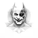 a tattoo of a face where half of the face is Heath Ledger's Joker and the other half is Cristian Bale's Batman. tattoo design idea