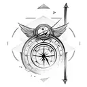 A bird flying, an arrow with half a compass and the other half an alarm clock. tattoo design idea
