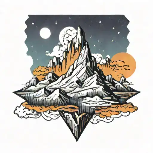 A mountain in the middle with a night sky above and sunny sky below tattoo design idea
