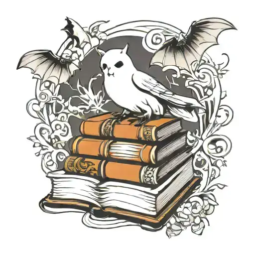 books with ghost and bats tattoo design idea