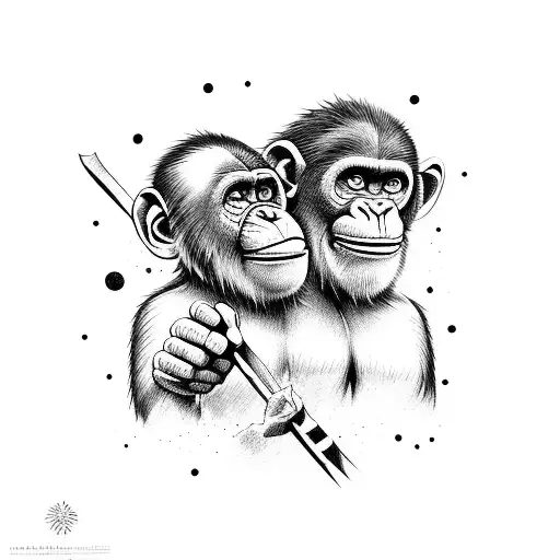 chimps banging sticks together on a gigantic rock floating in space tattoo design idea