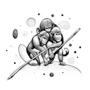 chimps banging sticks together on a gigantic rock floating in space tattoo design idea