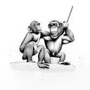 chimps banging sticks together on a gigantic rock floating in space tattoo design idea