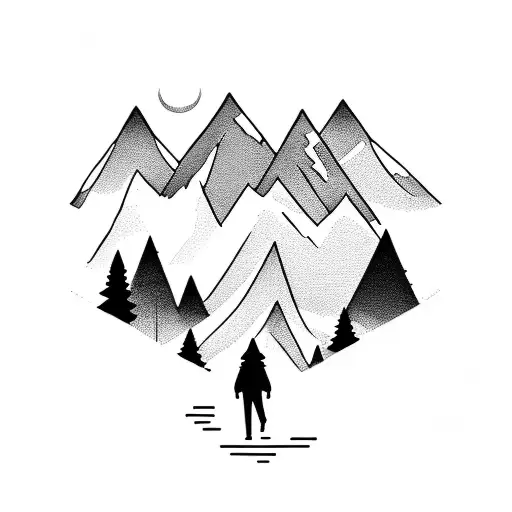 A simple and elegant design featuring a silhouette of mountain peaks in the distance, with a tiny hiker figure trekking  tattoo design idea