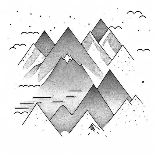 A simple and elegant design featuring a silhouette of mountain peaks in the distance, with a tiny hiker figure trekking  tattoo design idea