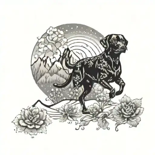 A beautiful black Lab running through a field of crocheted flowers with horses and crystals with a mountain in the back tattoo design idea