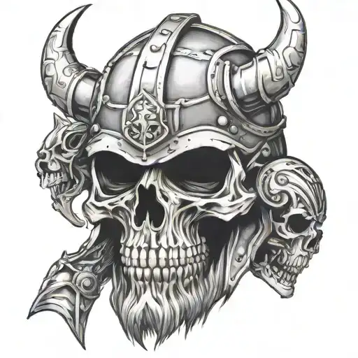 A skull wearing a viking helmet, surrounded by army dogs and heavy metal logos tattoo design idea