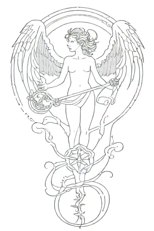 An intricate design featuring mythical creatures and symbols of the afterlife, such as angels and demons, in a blackwork style tattoo design idea