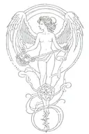 An intricate design featuring mythical creatures and symbols of the afterlife, such as angels and demons, in a blackwork style tattoo design idea