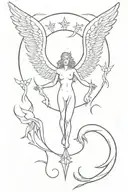 An intricate design featuring mythical creatures and symbols of the afterlife, such as angels and demons, in a blackwork style tattoo design idea