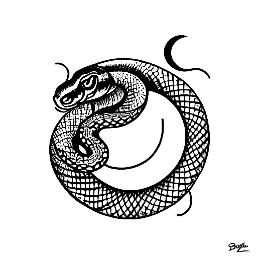 snake looking upwards and surrounded by sunflowers, a Moon behind the head of the snake tattoo design idea