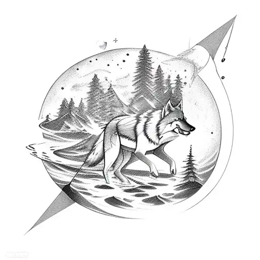 A new-school style tattoo of a wolf fishing in a stream surrounded by pine trees and the planet Saturn tattoo design idea