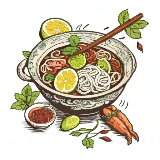 bowl of pho filled with aromatic broth, rice noodles, thinly sliced meat, fresh herbs, lime wedges, and chili peppers, d tattoo design idea