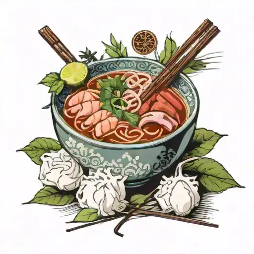 bowl of pho filled with aromatic broth, rice noodles, thinly sliced meat, fresh herbs, lime wedges, and chili peppers, d tattoo design idea