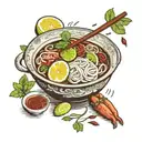 bowl of pho filled with aromatic broth, rice noodles, thinly sliced meat, fresh herbs, lime wedges, and chili peppers, d tattoo design idea