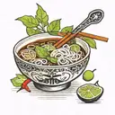 bowl of pho filled with aromatic broth, rice noodles, thinly sliced meat, fresh herbs, lime wedges, and chili peppers, d tattoo design idea