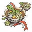 bowl of pho filled with aromatic broth, rice noodles, thinly sliced meat, fresh herbs, lime wedges, and chili peppers, d tattoo design idea