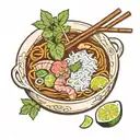 bowl of pho filled with aromatic broth, rice noodles, thinly sliced meat, fresh herbs, lime wedges, and chili peppers, d tattoo design idea