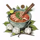 bowl of pho filled with aromatic broth, rice noodles, thinly sliced meat, fresh herbs, lime wedges, and chili peppers, d tattoo design idea