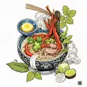 bowl of pho filled with aromatic broth, rice noodles, thinly sliced meat, fresh herbs, lime wedges, and chili peppers, d tattoo design idea