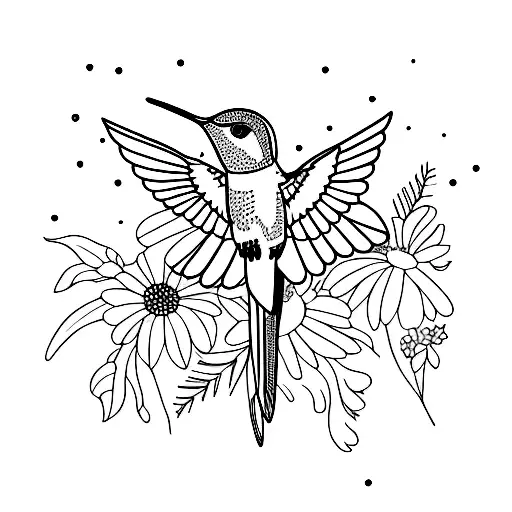 Illustrated hummingbird surrounded by Texas wildflowers tattoo design idea