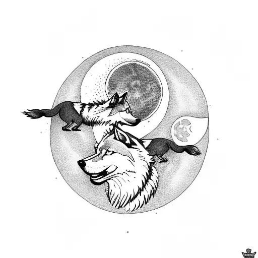 2 Wolves catching the sun and the moon  tattoo design idea