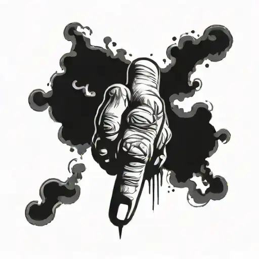 A tattoo of a middle finger. Instead of the middle finger, a burning joint is clamped in the fist. Black and white tattoo design idea