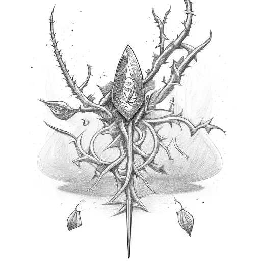 A dagger going through a spade card suit, with a thorny vine wrapping around the dagger itself. tattoo design idea