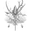 A dagger going through a spade card suit, with a thorny vine wrapping around the dagger itself. tattoo design idea