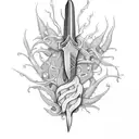 A dagger going through a spade card suit, with a thorny vine wrapping around the dagger itself. tattoo design idea