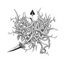 A dagger going through a spade card suit, with a thorny vine wrapping around the dagger itself. tattoo design idea