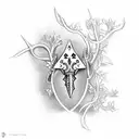 A dagger going through a spade card suit, with a thorny vine wrapping around the dagger itself. tattoo design idea