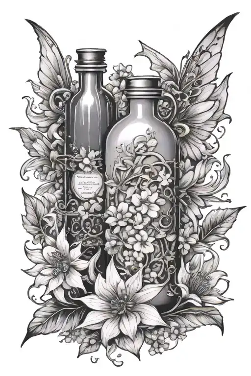 fairies, flowers, magic, potion bottle filled tattoo design idea