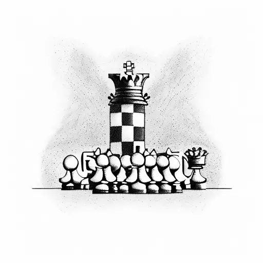 Chess pieces arranged in a sports arena with volleyball players tattoo design idea