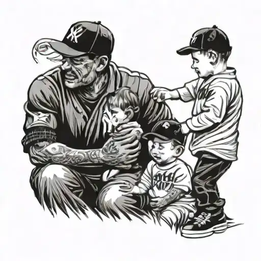 An intricate design of a father figure holding hands with his children, with a subtle New York Yankees reference in the background tattoo design idea