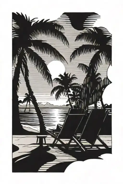 beach scene with palm tree and two chairs facing the ocean tattoo design idea