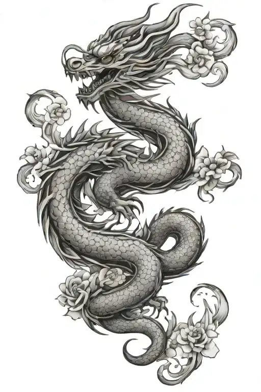 oriental dragon surrounded by blooming tattoo design idea